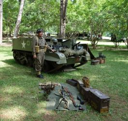 Sam Cooper stands poised ready to discuss the military hardware as well as the warm May temperatures in South Carolina.